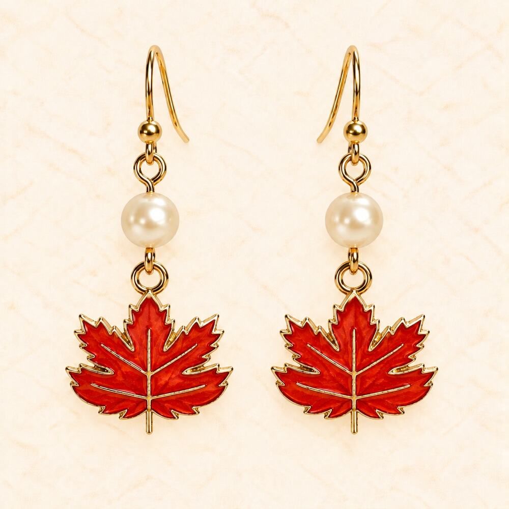 Orange Maple Leaf Dangle Earrings Gold Tone Faux Pearl Bead Fall CP534